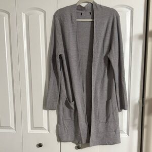 Gray Open Front Long Cardigan Sweater with pockets